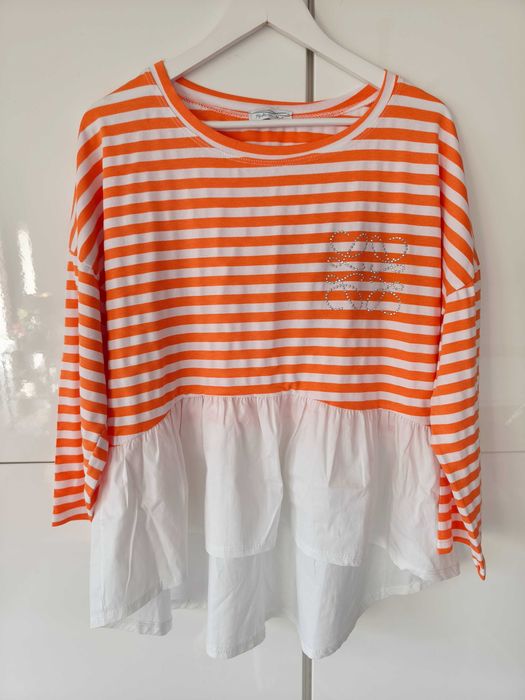 Pomarańczowa bluzka w paski z bawełny rękaw 3/4 rozmiar 46/48