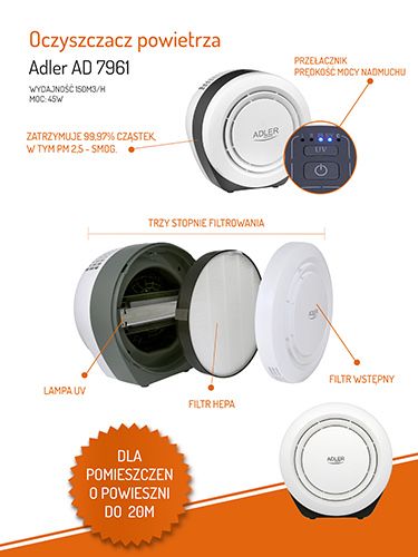Adler AD 7961 – oczyszczacz powietrza z filtrem HEPA i jonizacją UV