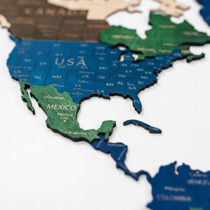 Drewniana Mapa Świata 3D XL Kolorowa 130 x 72 cm + Pinezki + Flagi