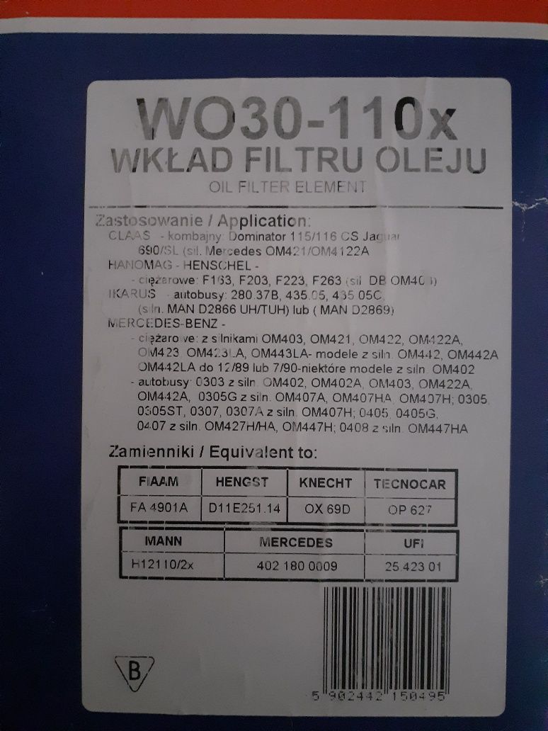 Wkład filtra oleju WO30-110X Class, Hanomag, Ikarus, Mercedes-Benz