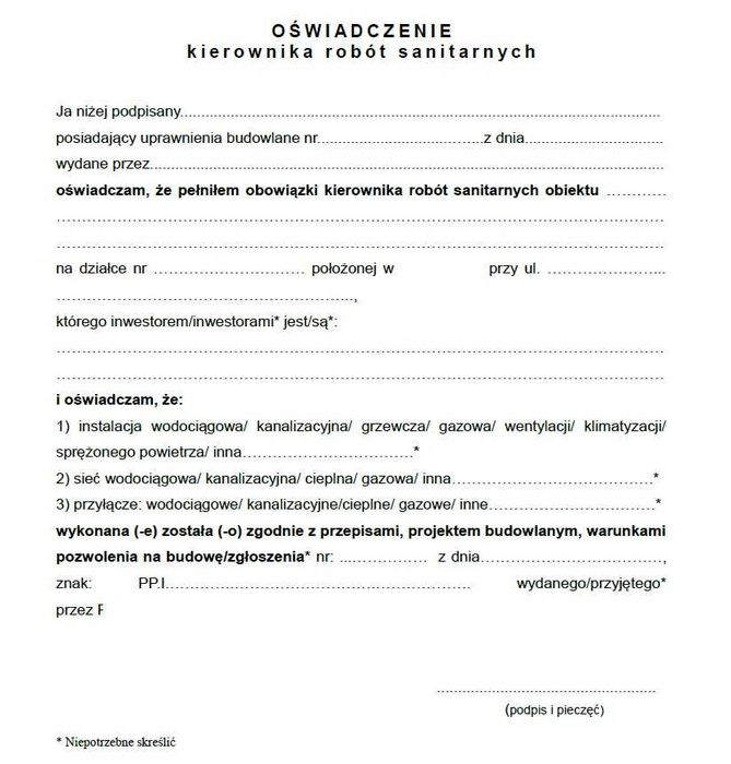 Odbiory, oświadczenie Kierownika Sanitarnego o zakończeniu robót