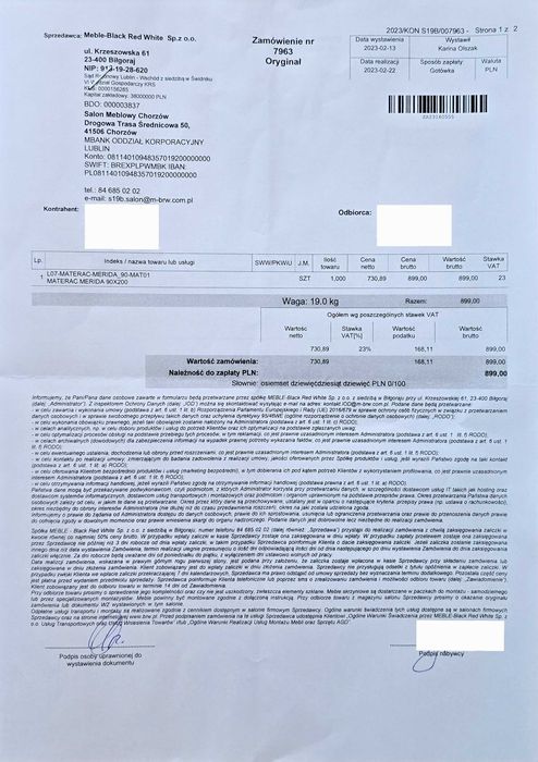 Łóżko (Luca Juzi) + materac (Merida) + stelaż (Ergo Plus) - BRW