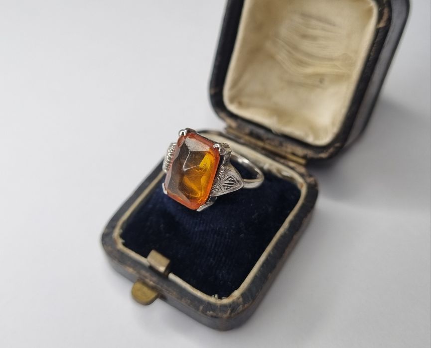 Art Deco srebrny pierścionek z pomarańczowym kamieniem srebro 935