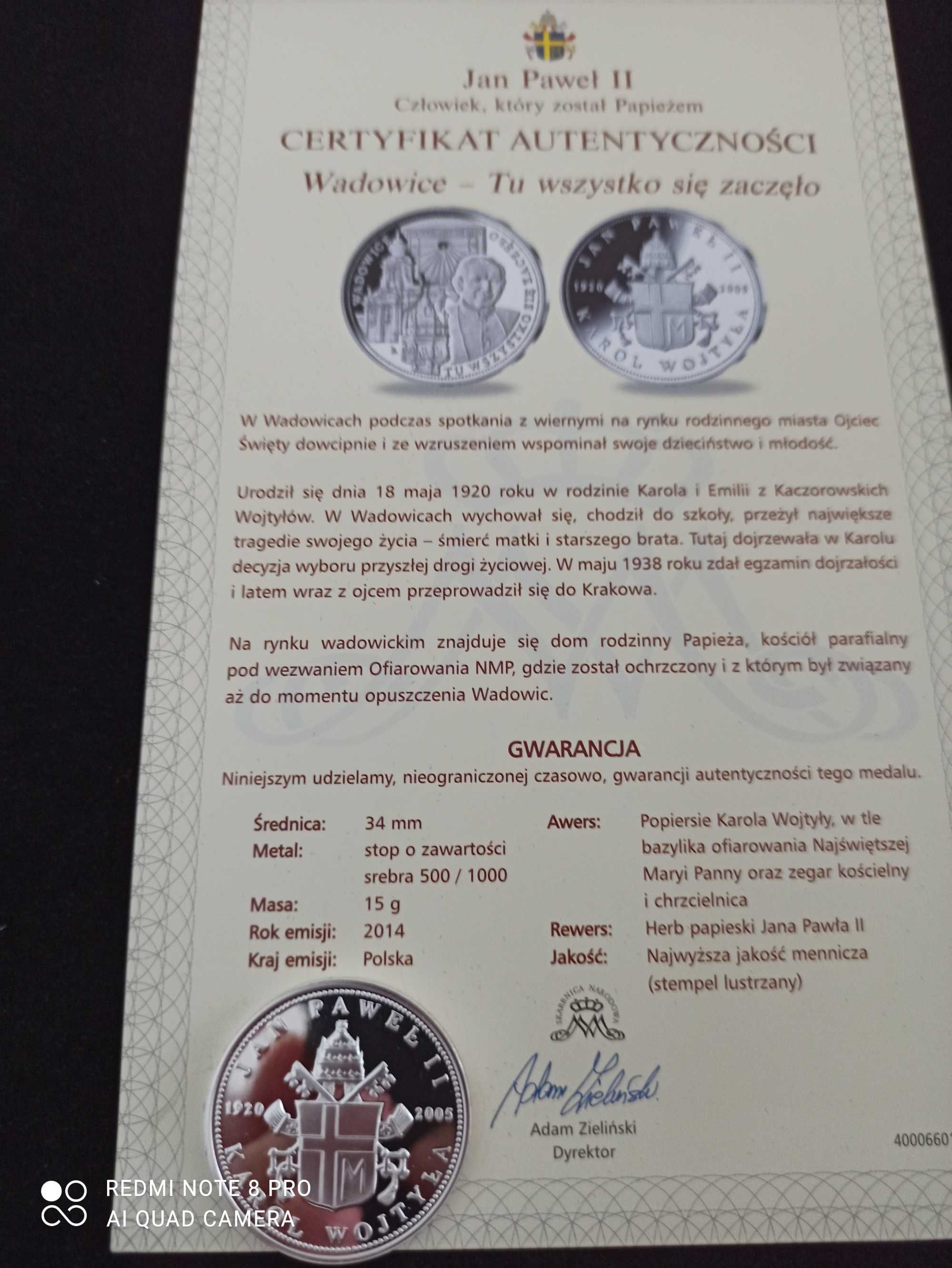 Srebro 500. Jan Paweł II Wadowice