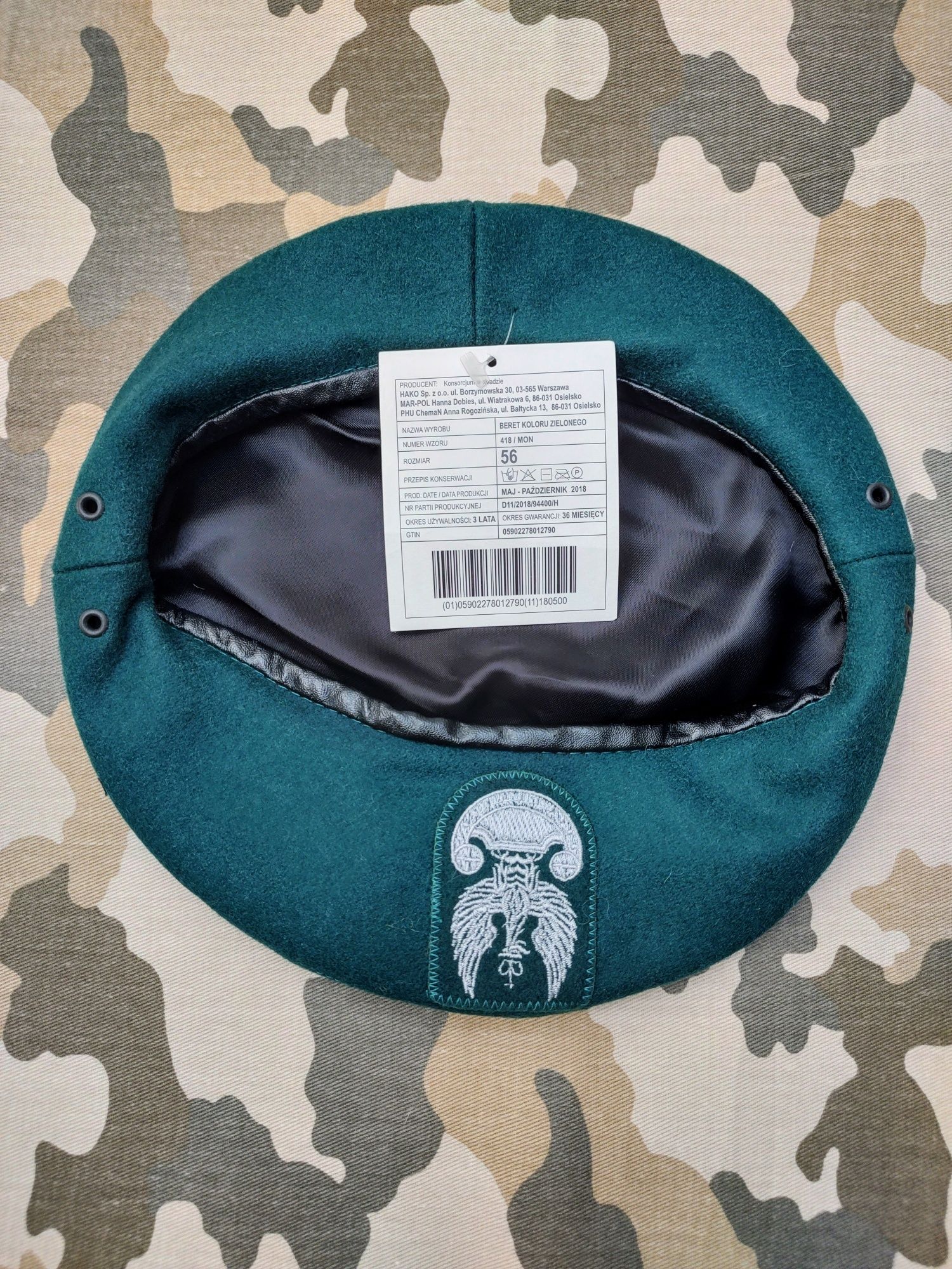 Nowy beret wojskowy zielony, rozmiar 56.