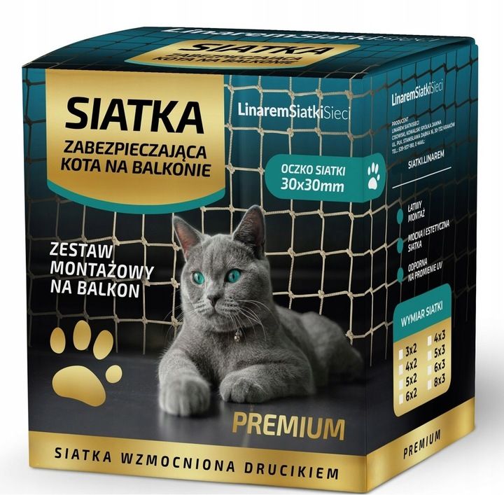 Zestaw Siatka Na Balkon 2x3m Z Drucikiem Premium Dla Kota Bez Wierceni