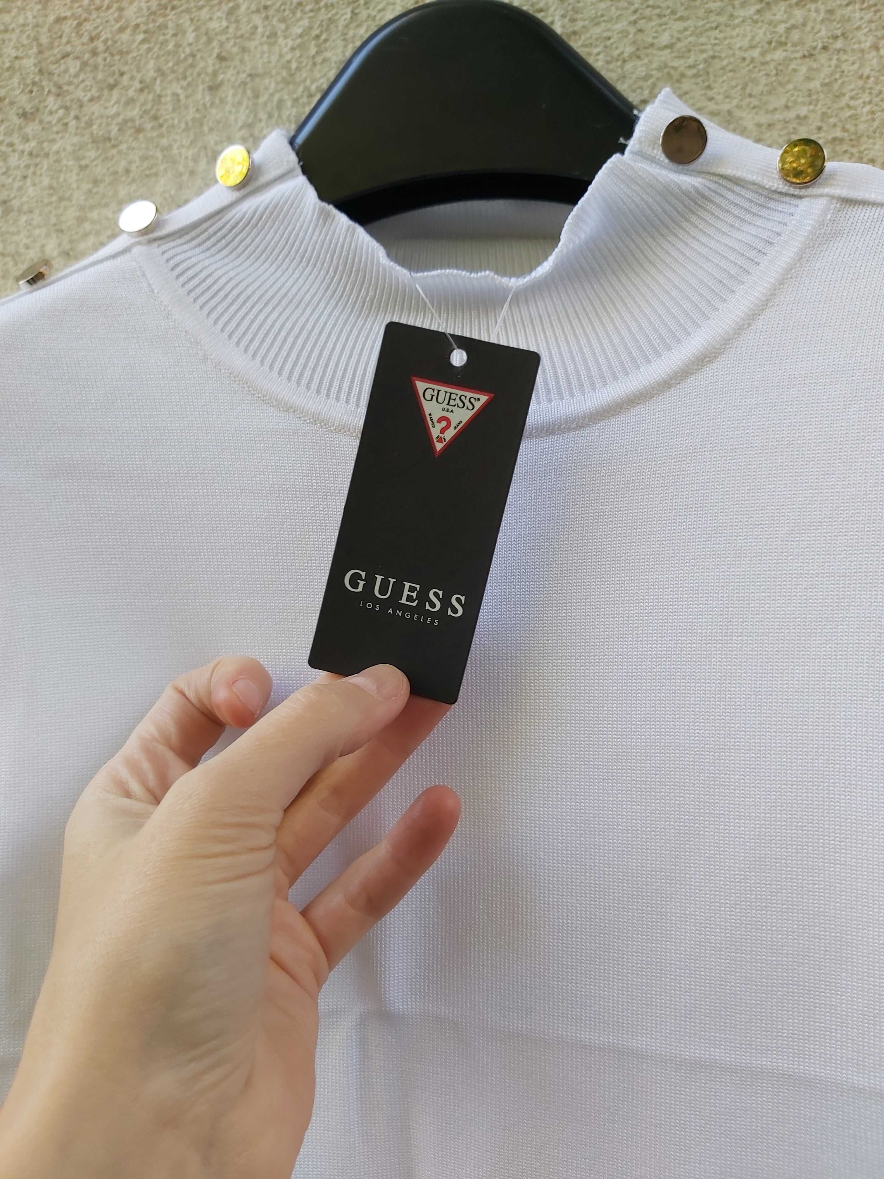 Nowa oryginalna sukienka dzianinowa GUESS biała czarne logo wada 38