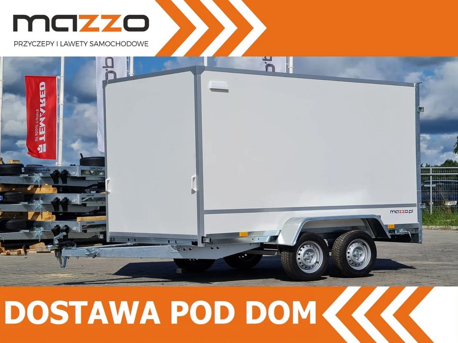 MAZZO DOSTAWA! Przyczepa furgon kontener wym. 300x150x180 dwuosiowa, niehamowana na kat.B, AMORTYZATORY, PODPORY, box  DMC 750kg! Kontener Furgon! KATEGORIA B, bez hamulca