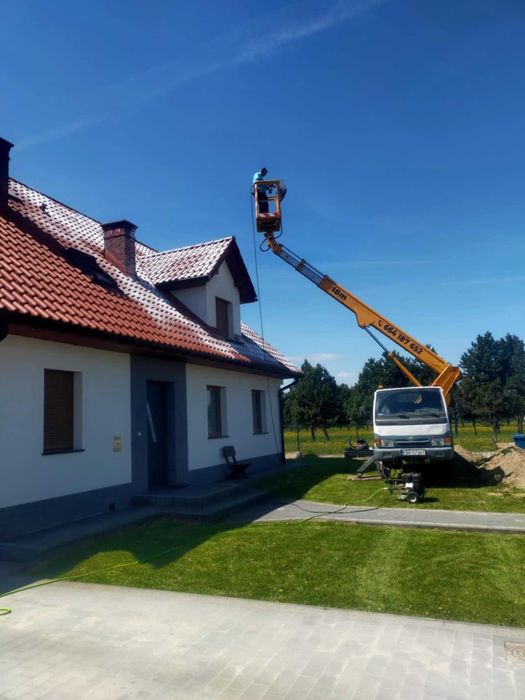 Zwyżka podnośnik koszowy, malowanie mycie dachów wycinka drzew rębak