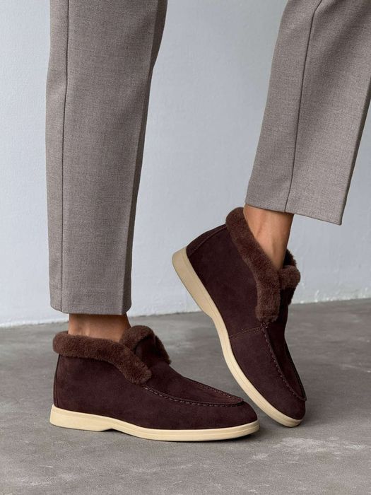 Женские замшевые зимние ботинки лоферы опушка