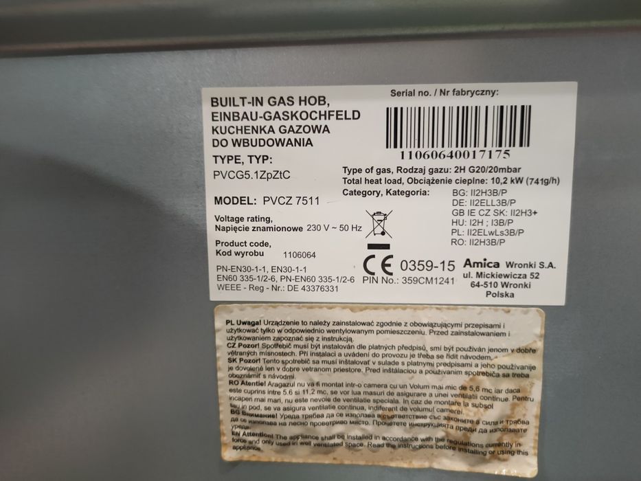 Płyta gazowa Amica 90 cm 5 palników szkło ceramiczne ruszta żeliwne