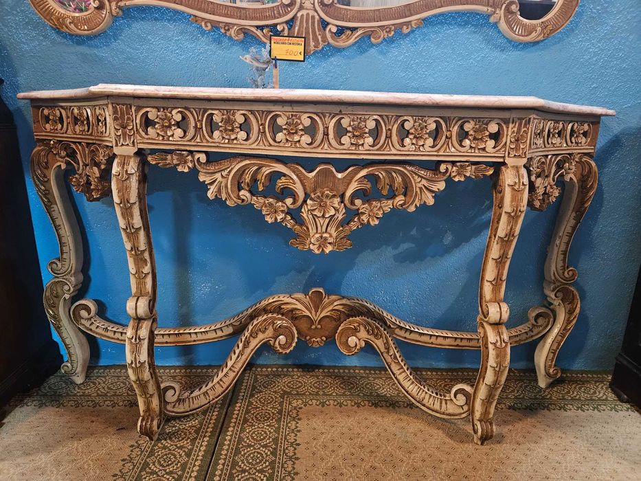 Conjunto de lindíssima consola em madeira com tampo em pedra mai