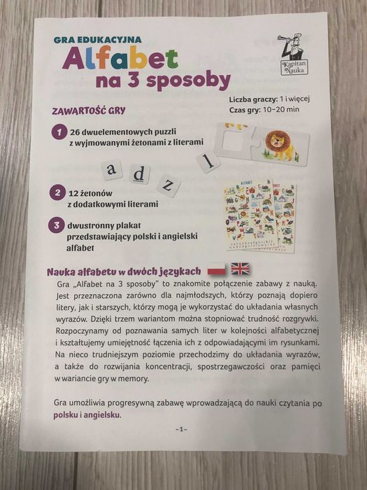Gra planszowa edukacyjna Alfabet na 3 Sposoby kompletna wiek 3-7 lat