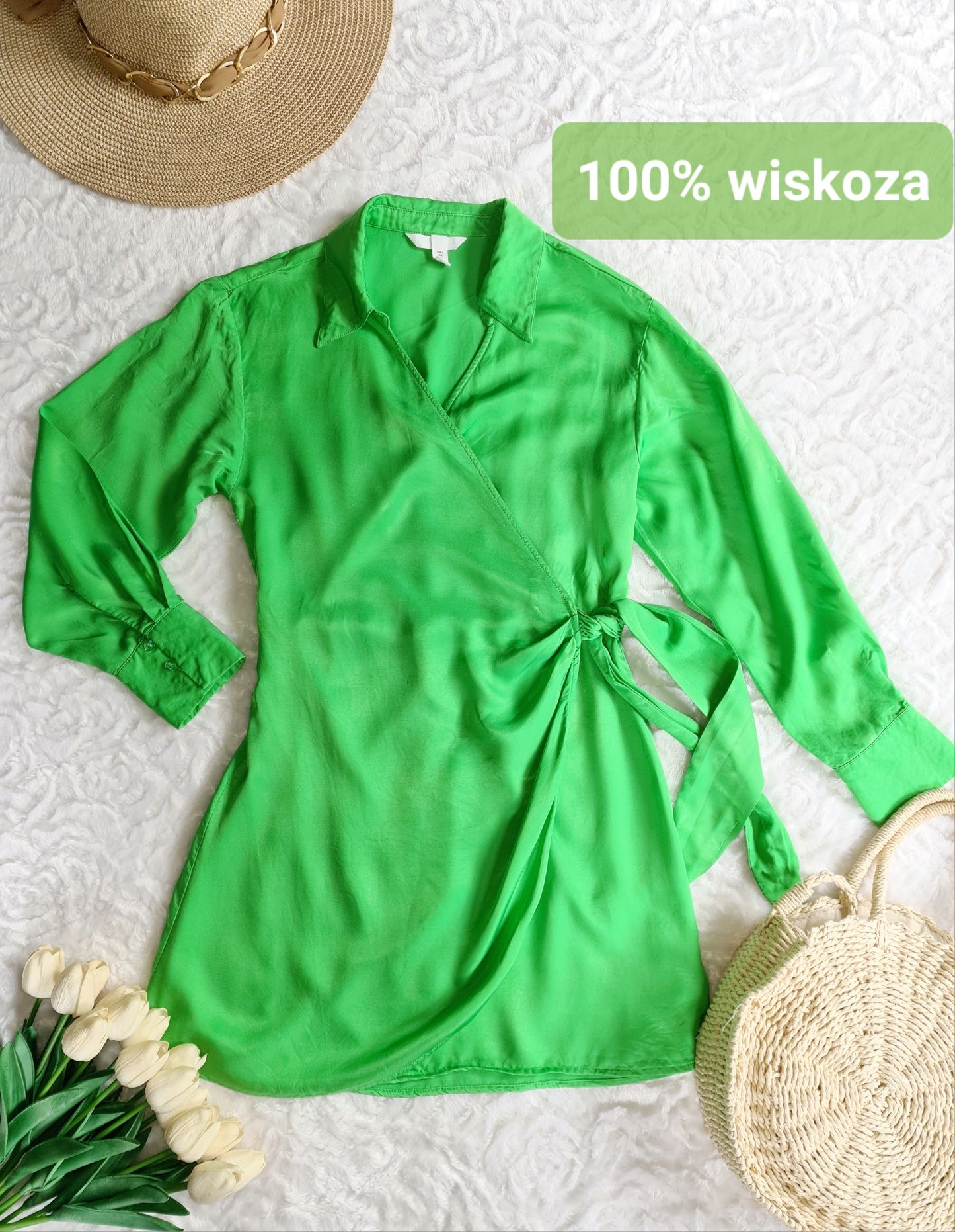 Zielona satynowa sukienka wiskoza H&M