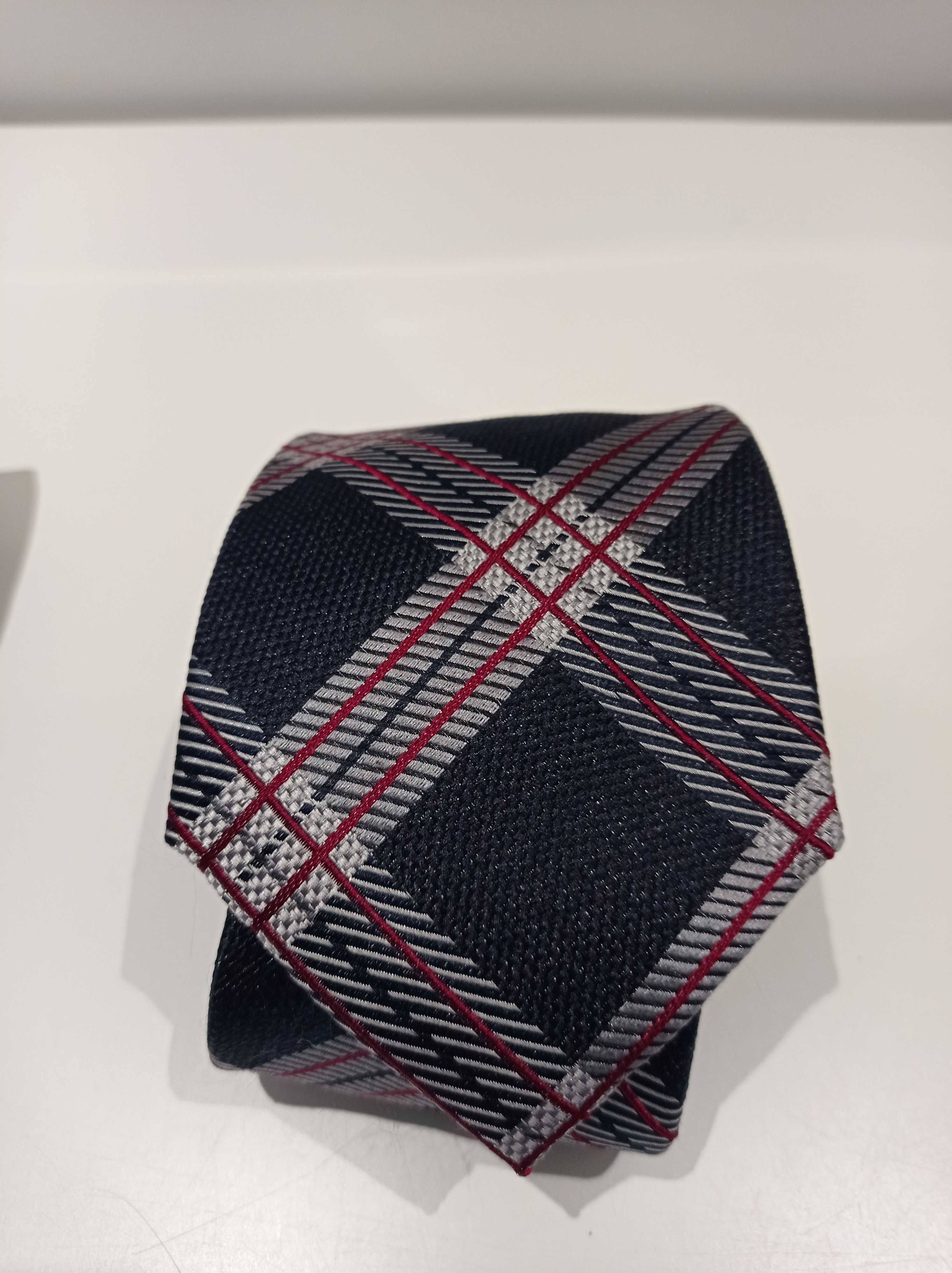 Jedwabny krawat Lambert – krata navy/burgund/srebro