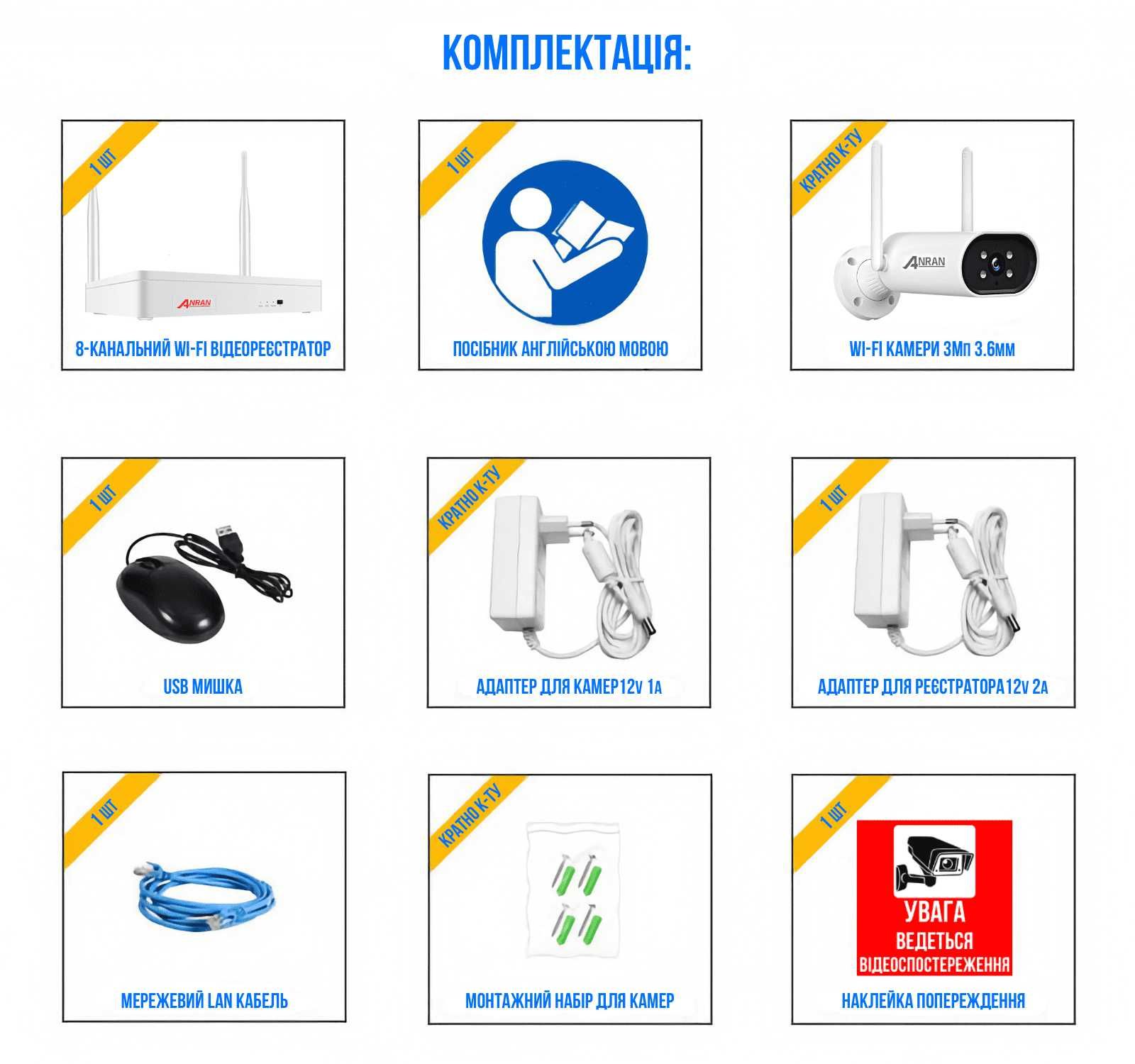 Комплект Wi-Fi IP видеонаблюдения на 8 камер Anran 3MP ARCCTV