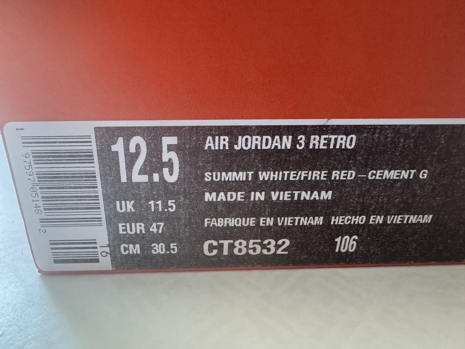 Air Jordan 3 retro summit  white/fire red-crment US 12,5