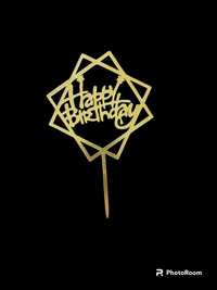 Złoty topper na tort Happy Birthday