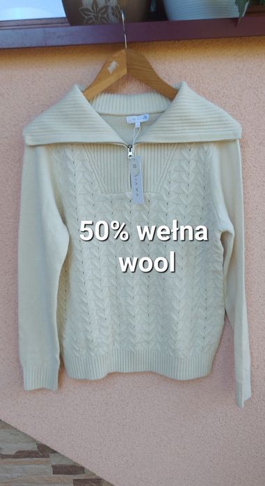 sweter wełniany vavite 50% wełna wool jasny nowy m l xl 38