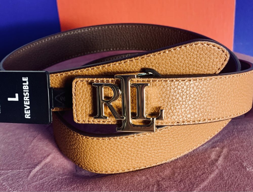Pasek LRL 2-kolorowy:koniakowo-brazowy, skóra, złote logo , L