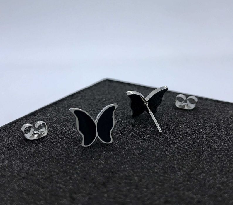 Kolczyki czarne motyle srebrne wkrętki 1cm stal chirurgiczna