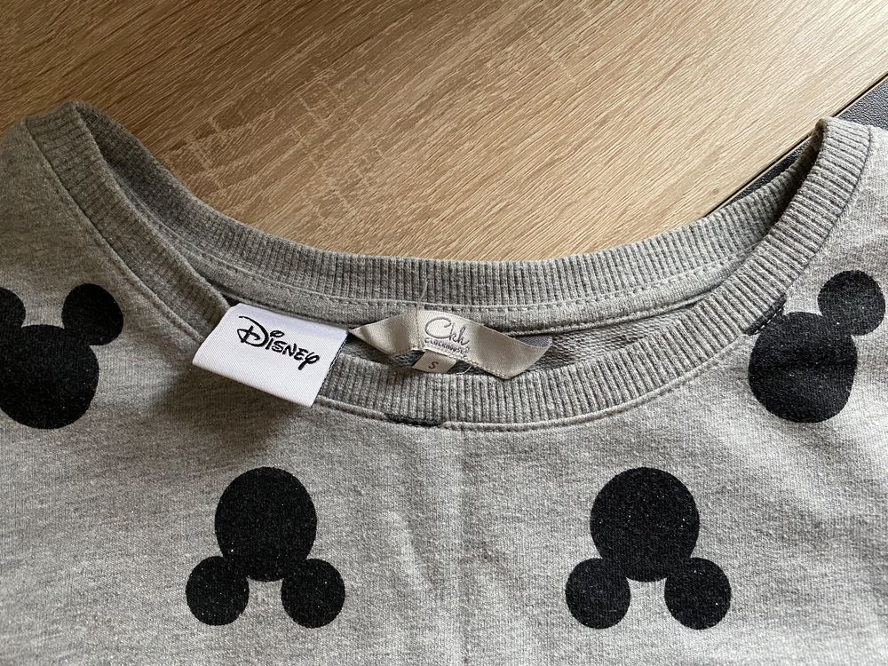 Szara Bluza napis mickey, myszka miki błyszcząca S/36 clockhouse c&a