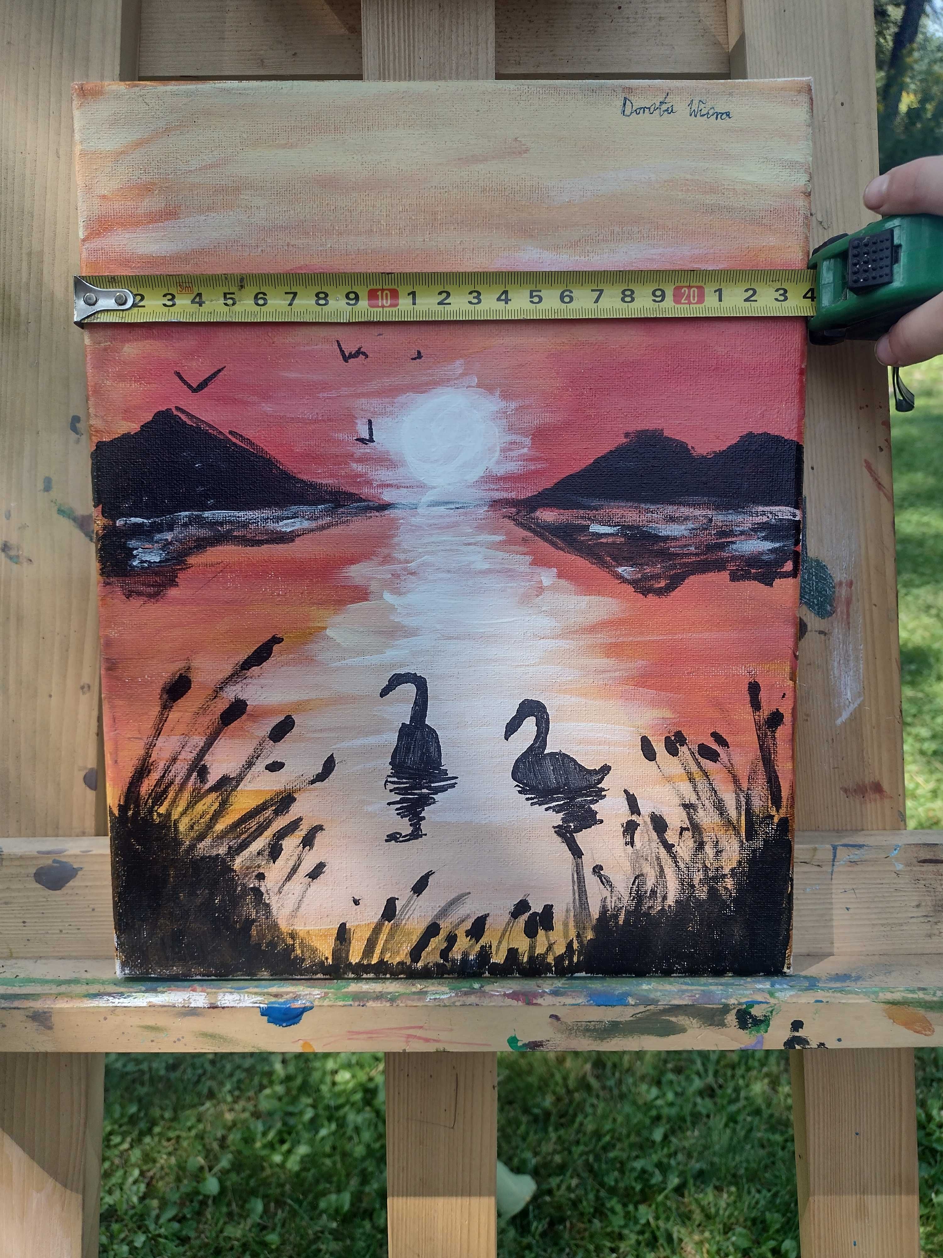 Obraz "Zachód słońca", Hand made, obraz łabędzie
