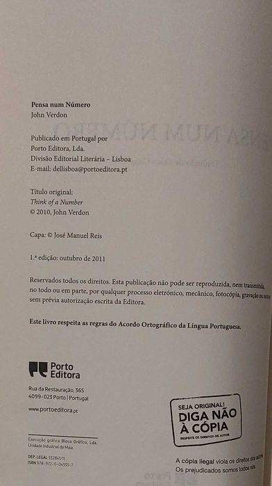 Livro "Pensa num Número" (John Verdon) 1ª edição