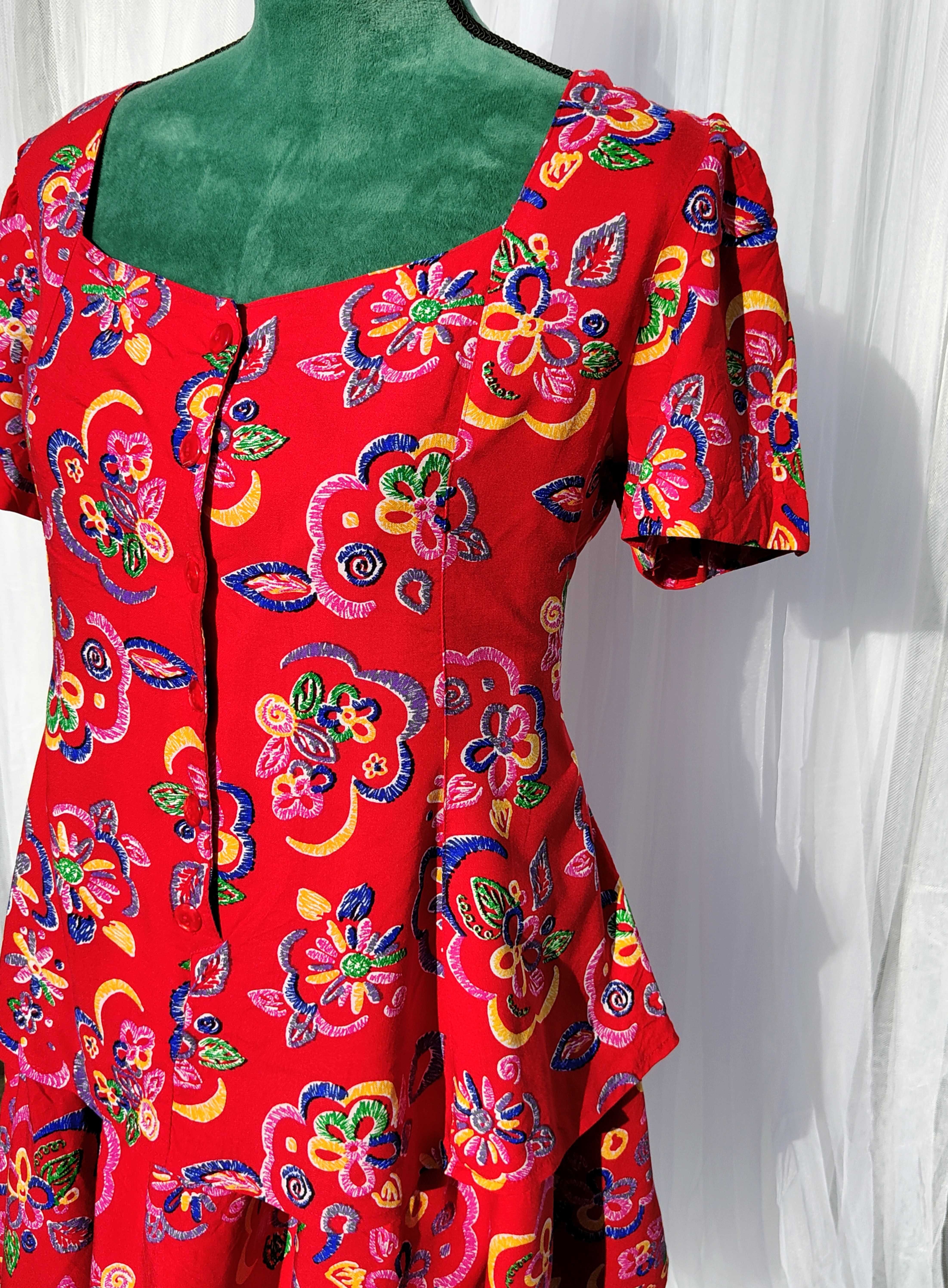 Kolorowa sukienka czerwona vintage retro XL 42 L 40 wiskoza lata 80