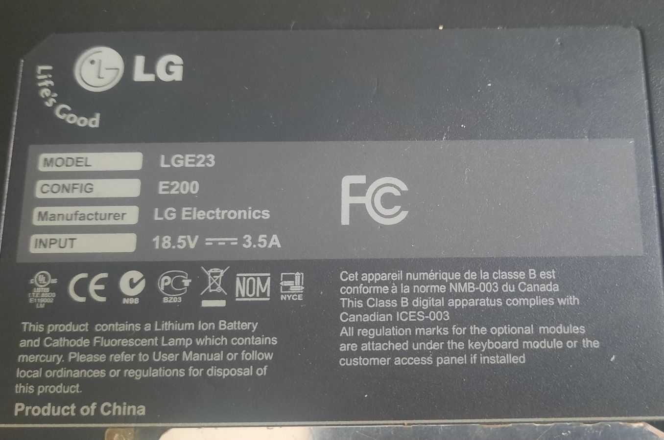 Ноутбук LG LGE23 E200 разборка