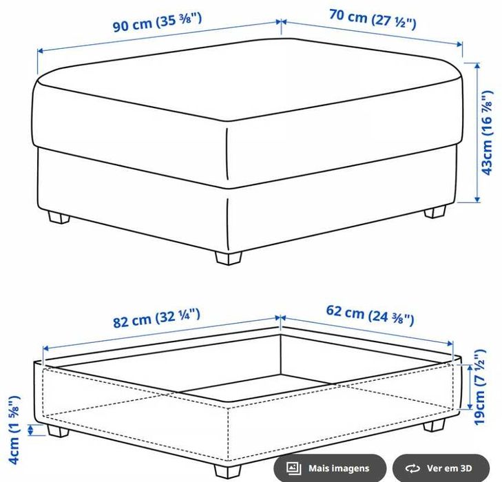 Sofá Ikea Kivik 3 lugares + repousa pés em castanho + capas extra bege