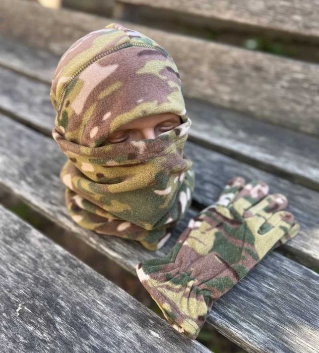 Зимовий флісовий комплект шапка + баф олива, піксель, мультикам S M L