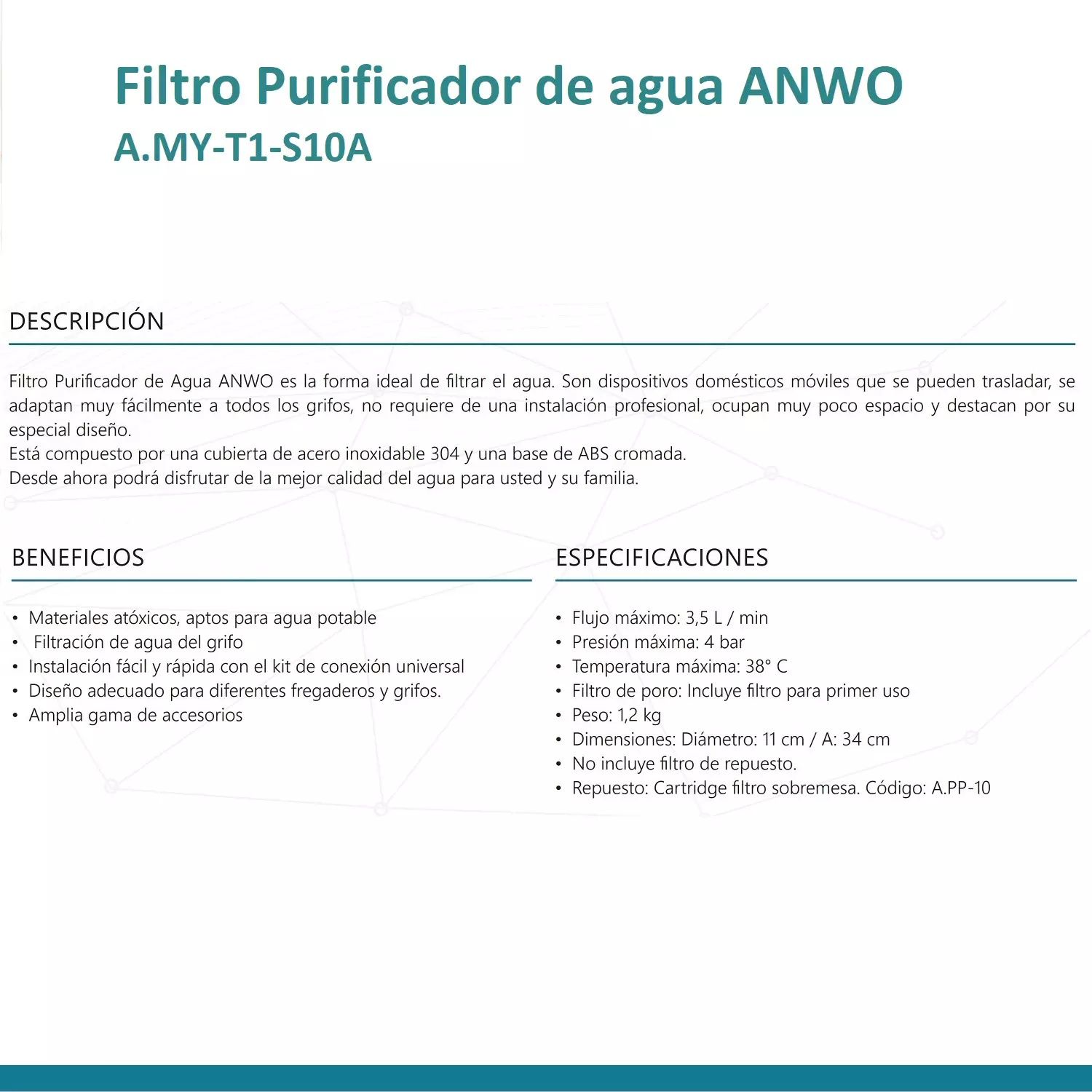 Purificador filtro de agua Anwo AMY-T1-S10A