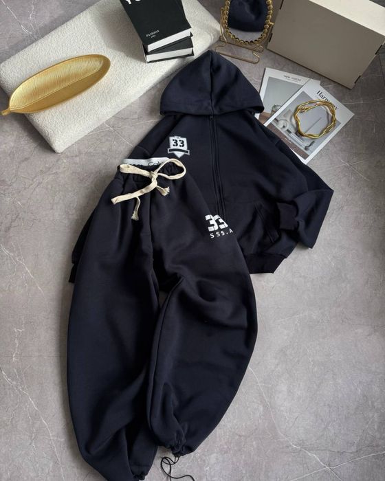 Теплий обʼємний жіночий костюм на флісі — худі на змійці + штани