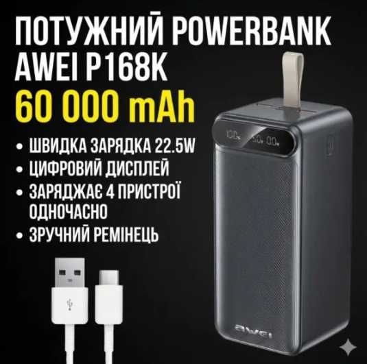 Потужний PowerBank Awei 100000 mAh 22.5W з великим ліхтарем