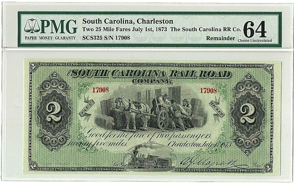 $2, Південна Кароліна, Чарльстон, 1873 рік, PMG 64.