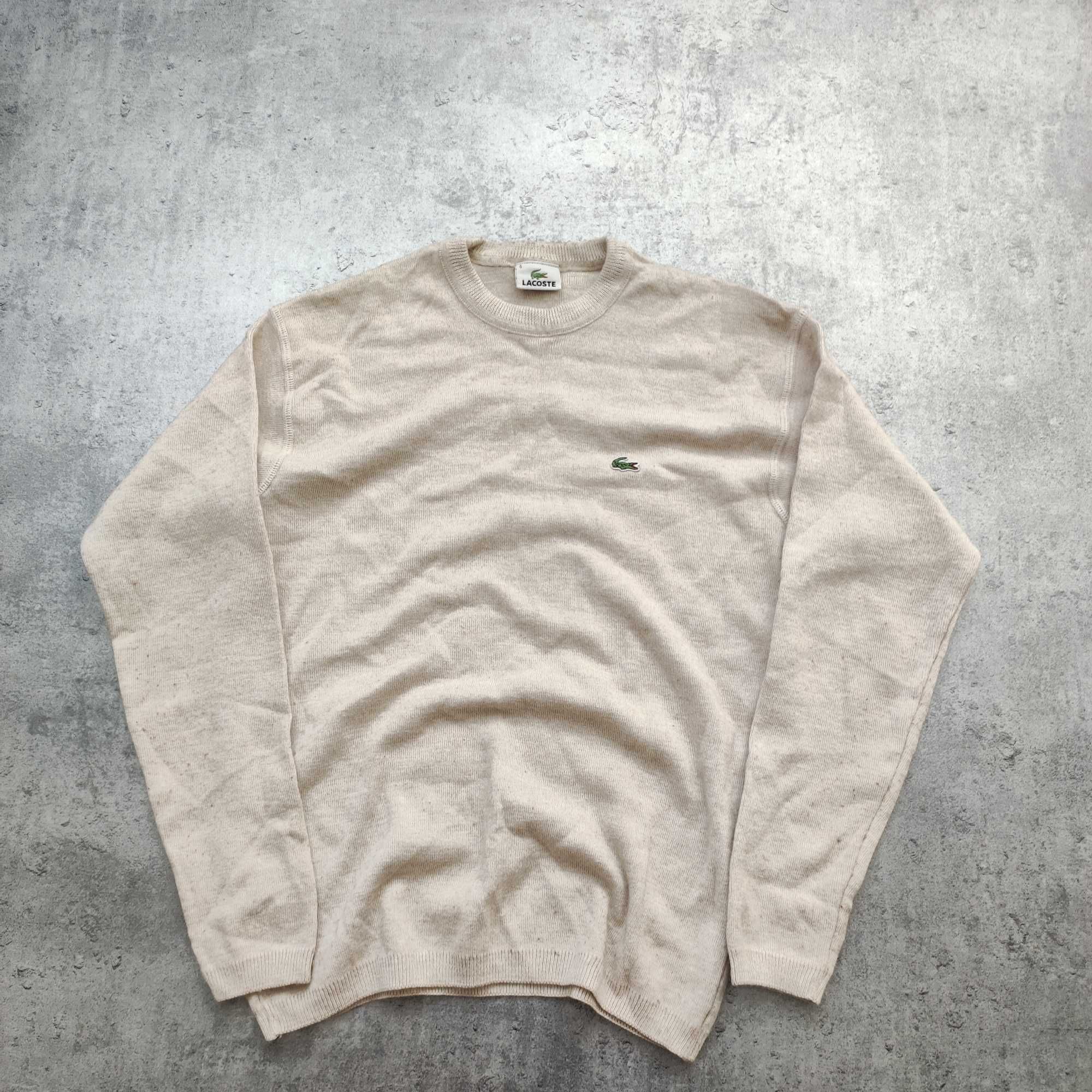 MĘSKI Elegancki Sweter PREMIUM Beżowy Wełna Haft Logo Lacoste Casual