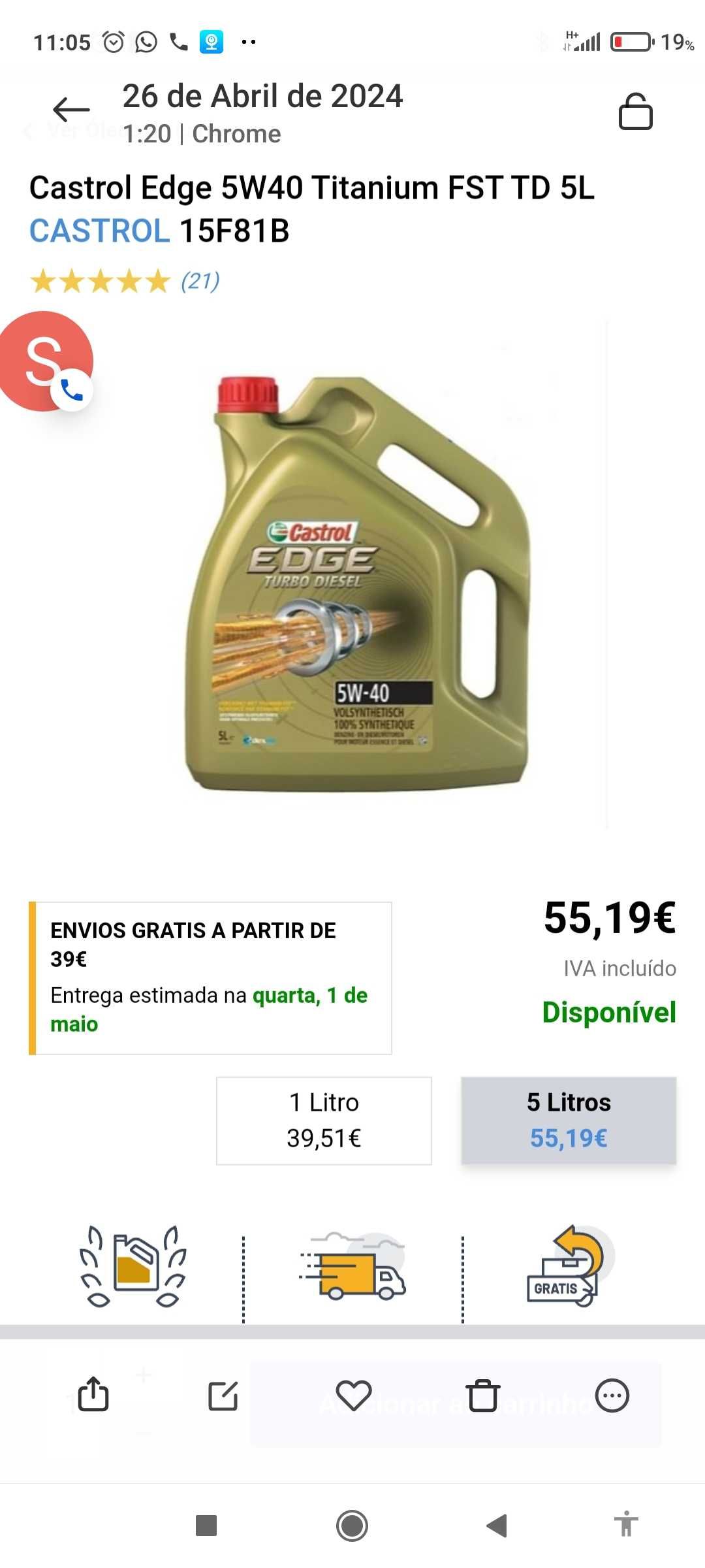 Óleo Castrol Edge 5w40 Titanium + filtro BMW E46 320d 2002