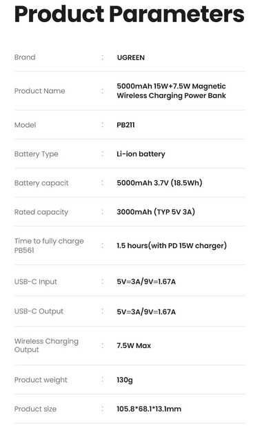 Ugreen Magnetic Mini Wireless Fast Charge Power Bank 5000mAh white 15w