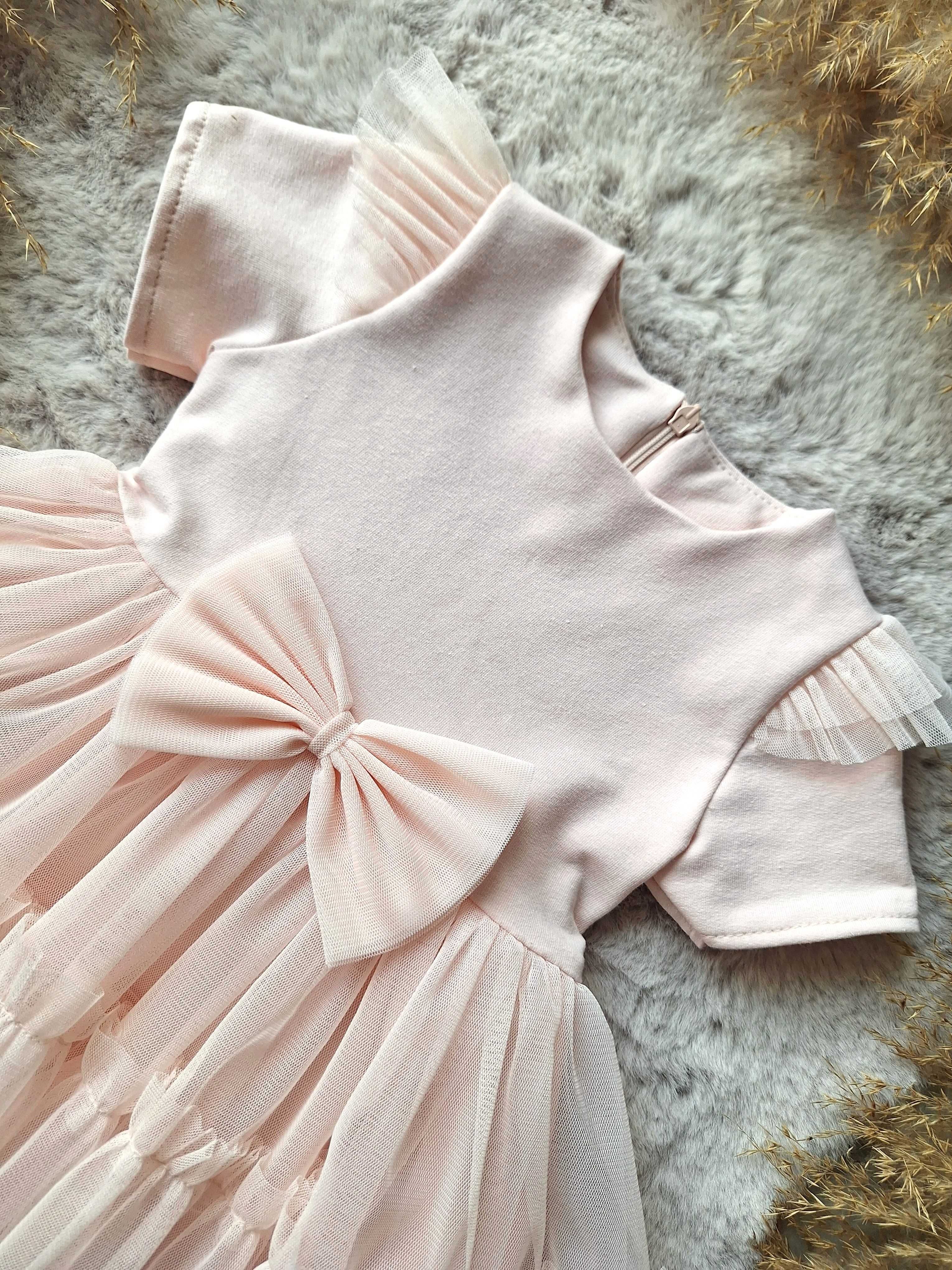Sukienka tiulowa dla dziewczynki kokarda łososiowa wesele roczek
