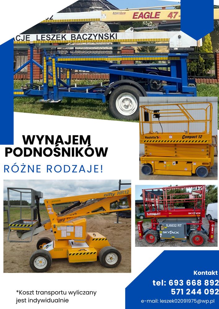 Wynajem podnośnika nożycowego, koszowego, podestu ruchomego