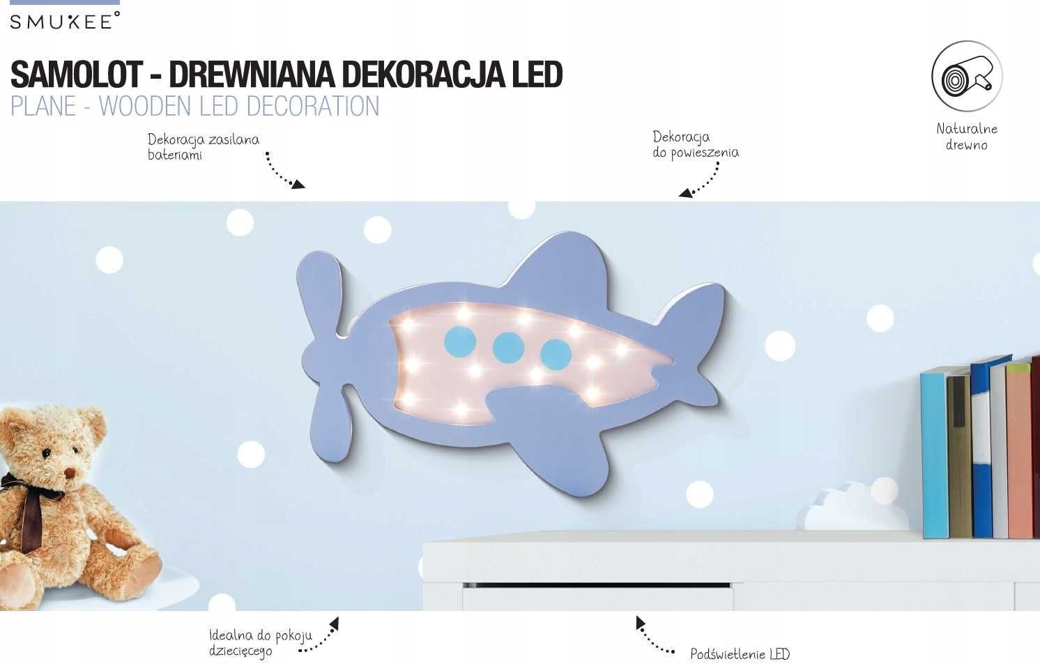 Drewniana Ozdoba Samolot lampka LED do pokoju dziecinnego zestaw 5 szt