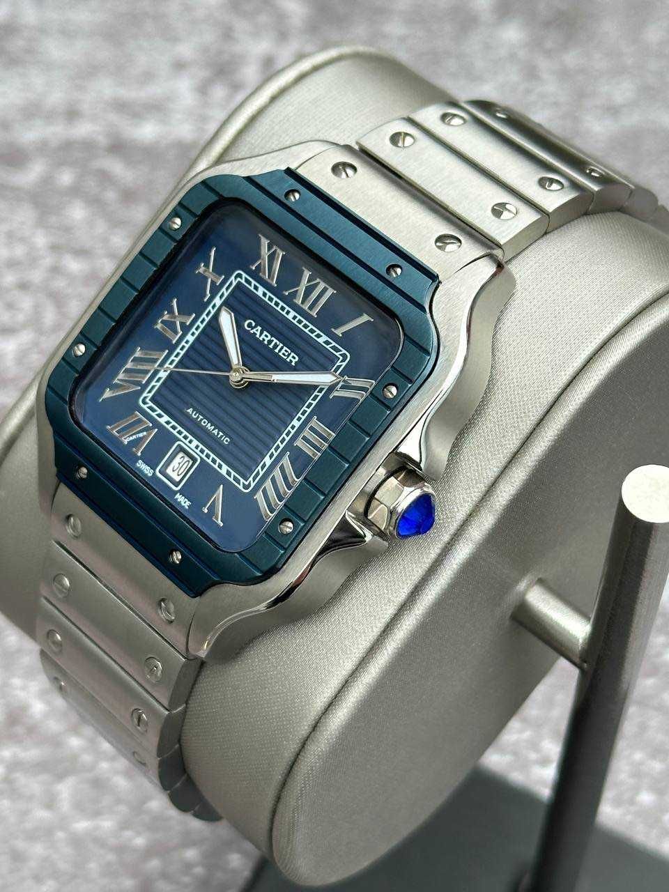 Швейцарские часы Cartier Santos Silver-Blue Classic. Топ качество