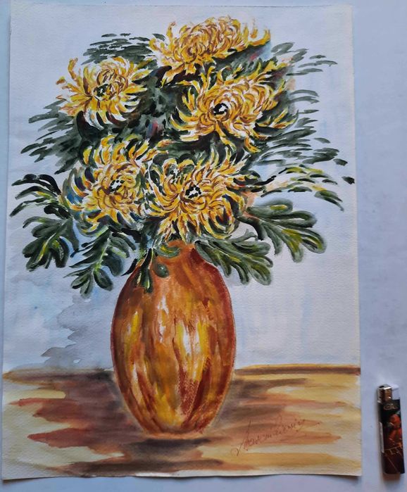 Kwiaty w wazonie Akwarela sygnowana Martwa natura