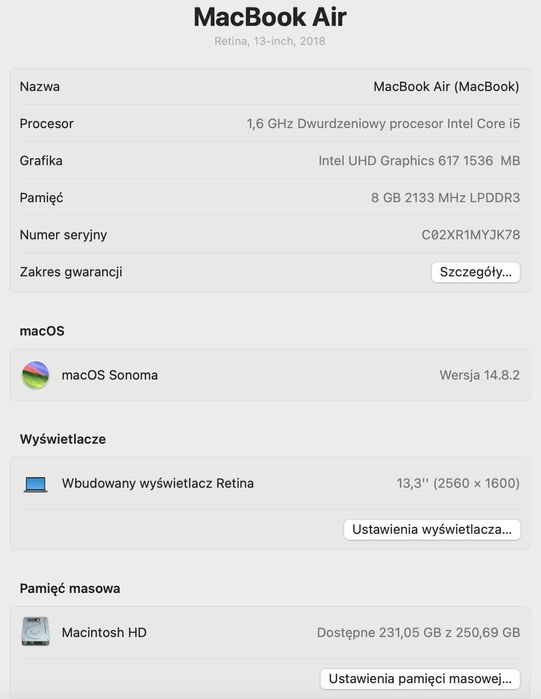 Apple MacBook Air 13 2018/13.3/i5-8210Y-3.6GH/8GB/SSD256/Sonoma 14.8.2