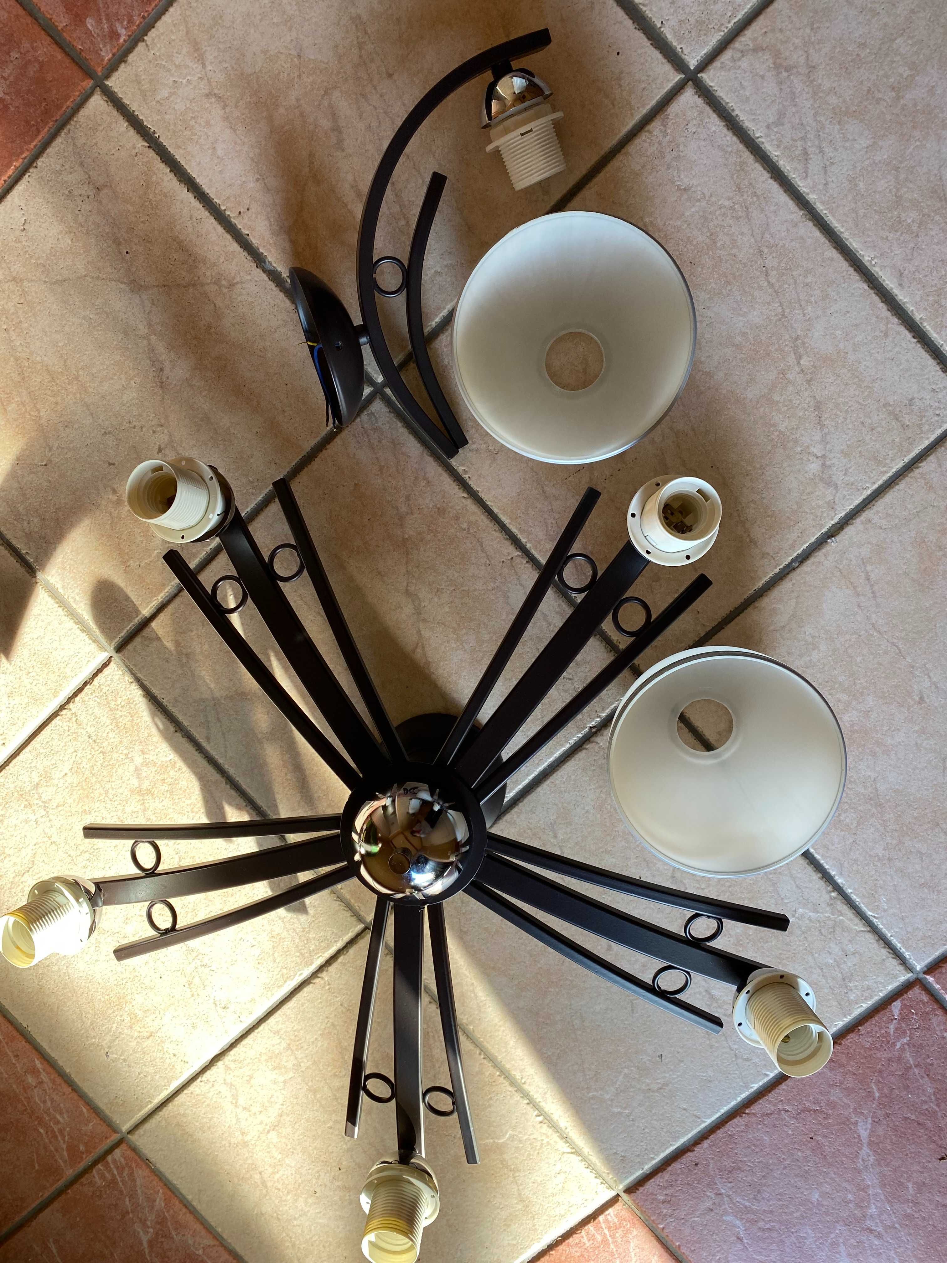 Komplet Lampa 5 ramion metalowo-szklana + kinkiet