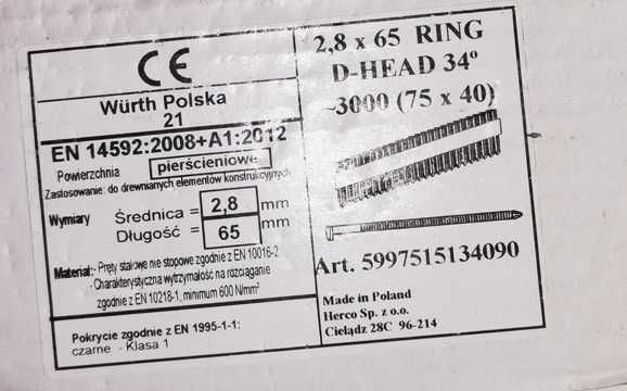 Gwoździe do gwoździarki 2,8mmx65mm Würth Herco Poslka