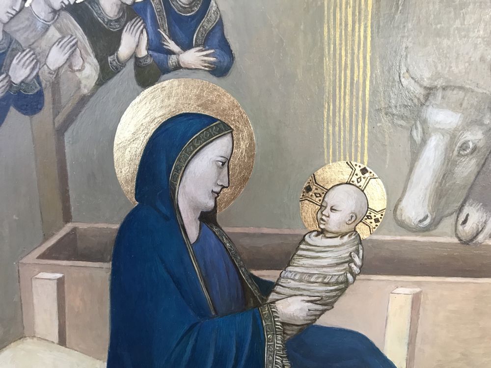 Boże narodzenie - obraz na desce.Transpozycja malarska fresku Giotto’a