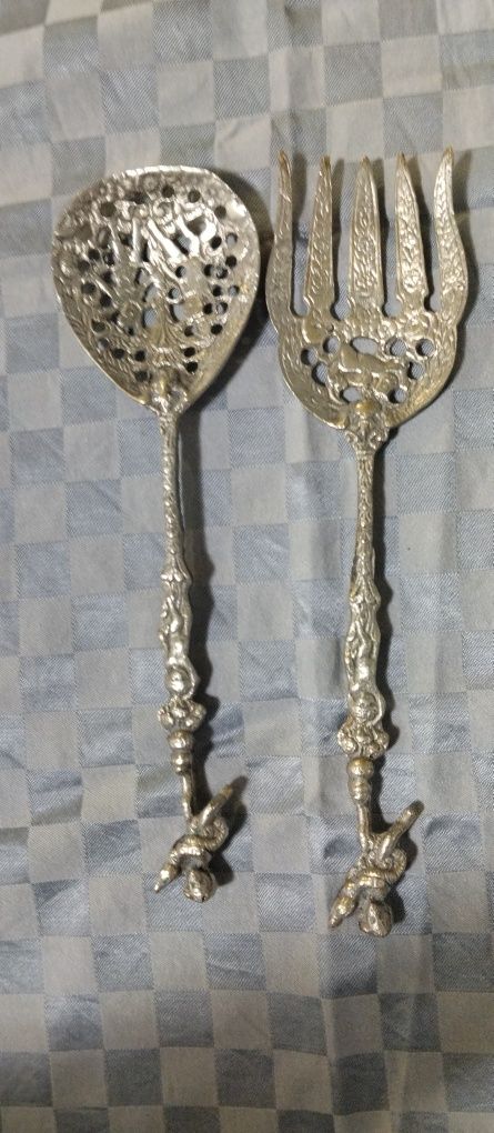 Talheres vintage para salada em aço inoxidável trabalhado