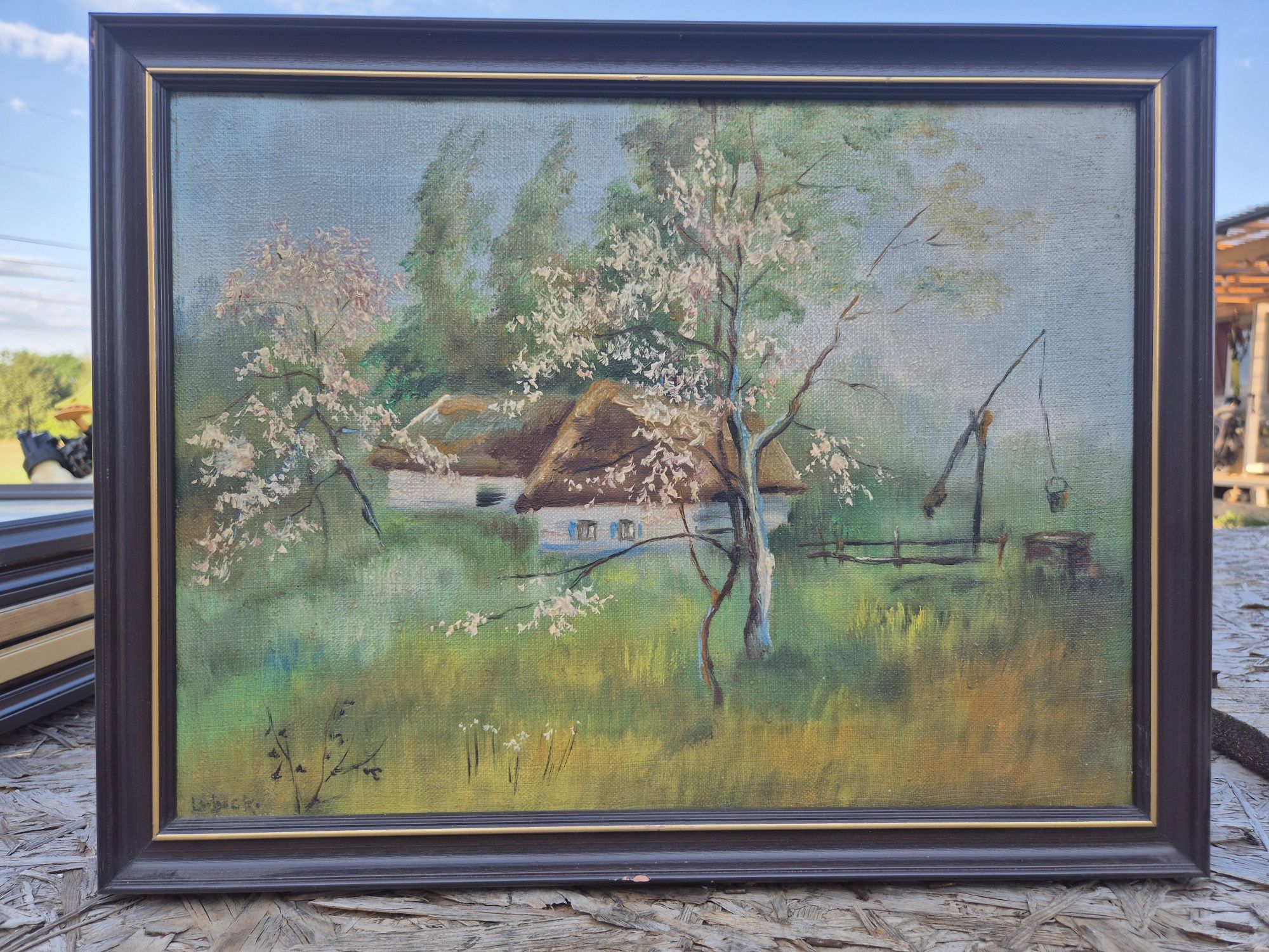 Obraz olejny Wiejska Chata z żurawiem, sygnowany